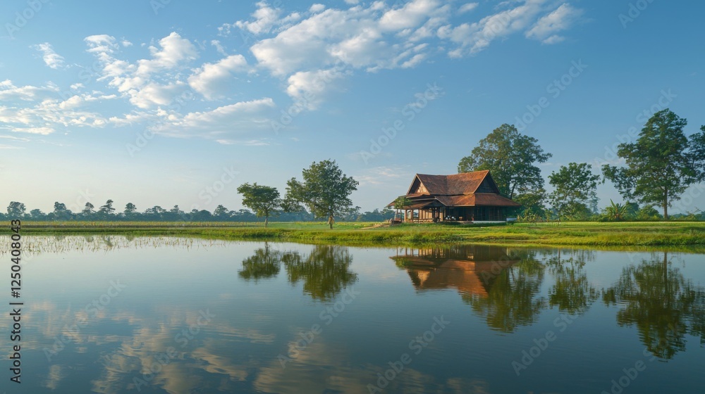 A farmhouse at the end of a flooded rice field, reflecting beautifully in the still waters. --chaos 20 --ar 16:9 --quality 2 --v 6.1 Job ID: 0ea125a6-3b3d-48a6-857b-0994fd32ff6c A farmhouse at the end of a flooded rice field, reflecting beautifully in the still waters. --chaos 20 --ar 16:9 --quality 2 --v 6.1 Job ID: 0ea125a6-3b3d-48a6-857b-0994fd32ff6c