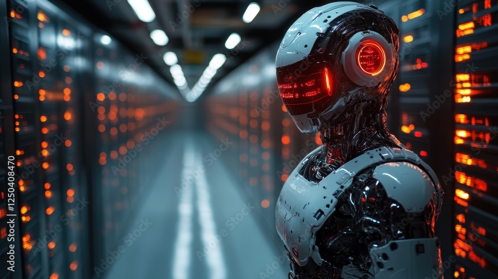 Fototapeta premium Robot analyzing data with secure system overlay