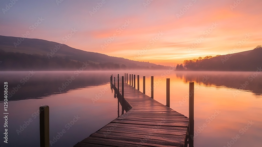 Serene Sunrise Over Misty Lake With Wooden Dock Serene Sunrise Over Misty Lake With Wooden Dock