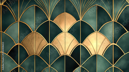Art deco geometric seamless vector pattern. Gold and green peacock abstract feathers texture.