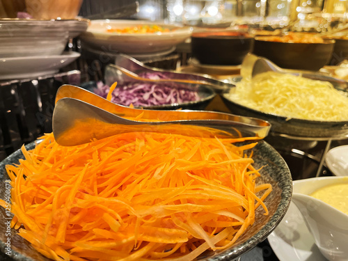 Salads, Buffet Bar, Luxury Hotel, Hotel Restaurant, Gourmet Salads, Fresh Vegetables, Healthy Options, Dining Experience, Hotel Buffet, Leafy Greens, Salad Station, Elegant Presentation, Premium 