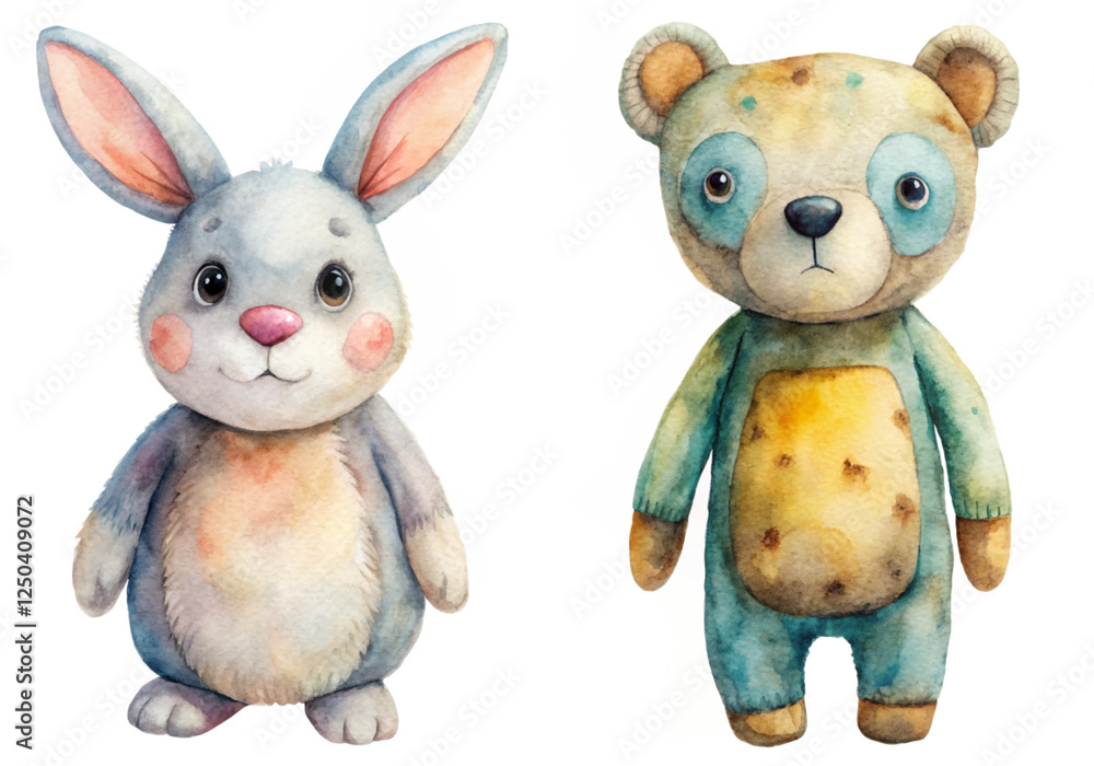 Obraz premium Cute watercolor animals, adorable bunny and bear, children's illustration, playful design, vibrant colors, nursery art.