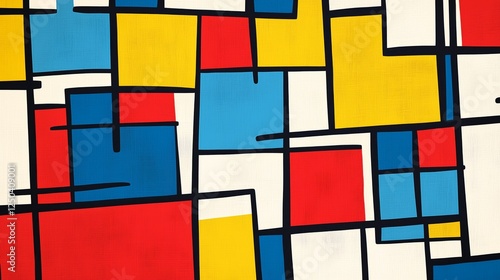 Vibrant geometric pattern showcasing primary colors with bold black lines in a modern artistic style