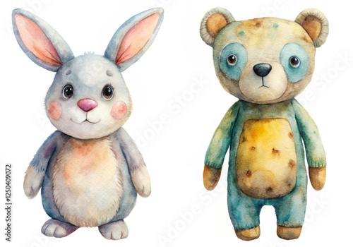 Cute watercolor animals, adorable bunny and bear, children's illustration, playful design, vibrant colors, nursery art.