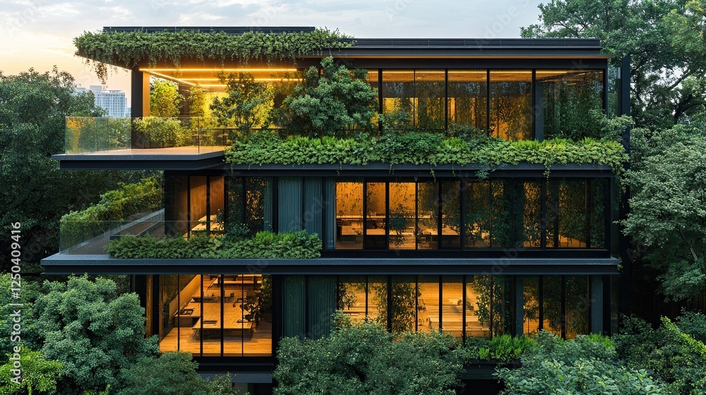 Modern office building surrounded by trees, reducing heat and CO2 emissions--eco-friendly and sustainable conc Modern office building surrounded by trees, reducing heat and CO2 emissions--eco-friendly and sustainable conc
