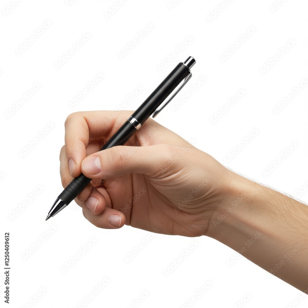 Hand holding pen, writing gesture, close-up, white background, sleek black pen, precision tool, minimalist composition, studio lighting, isolated arm Hand holding pen, writing gesture, close-up, white background, sleek black pen, precision tool, minimalist composition, studio lighting, isolated arm