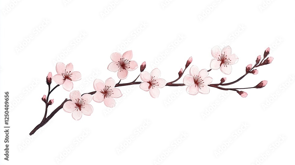 Delicate pink cherry blossom branch with buds isolated on a white background, ideal for spring themes Delicate pink cherry blossom branch with buds isolated on a white background, ideal for spring themes