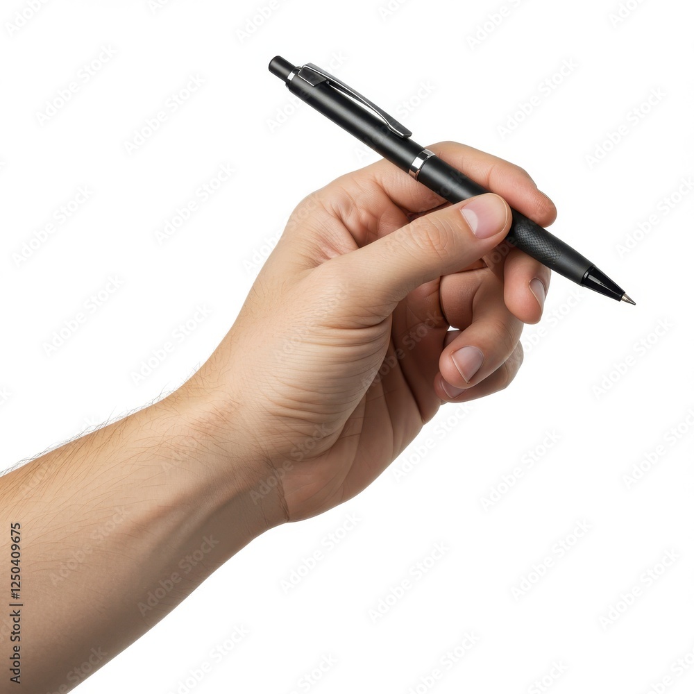 Hand holding pen, writing gesture, close-up, white background, sleek black pen, precision tool, minimalist composition, studio lighting, isolated arm Hand holding pen, writing gesture, close-up, white background, sleek black pen, precision tool, minimalist composition, studio lighting, isolated arm
