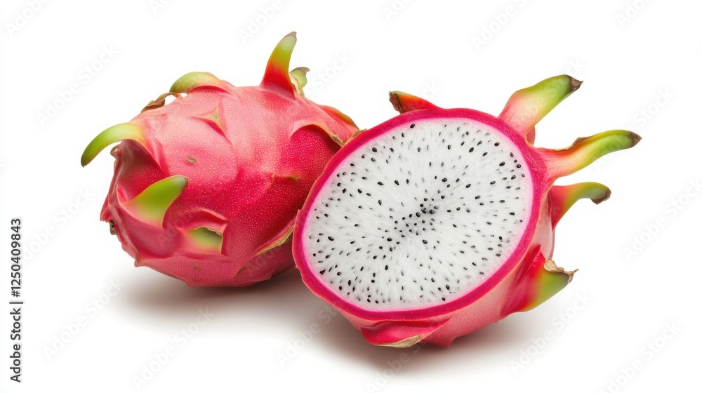 Obraz premium Vibrant pink dragon fruit with sliced view and white spotted flesh