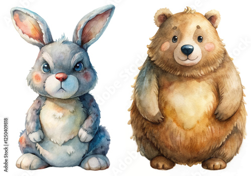 Cute watercolor animals, adorable bunny and bear, playful illustration, children's book art, whimsical character design.