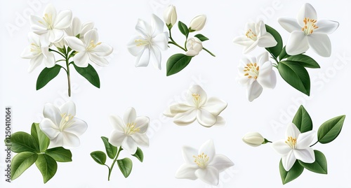 Realistic white jasmine flowers, detailed botanical illustration, isolated background, decorative element for design photo