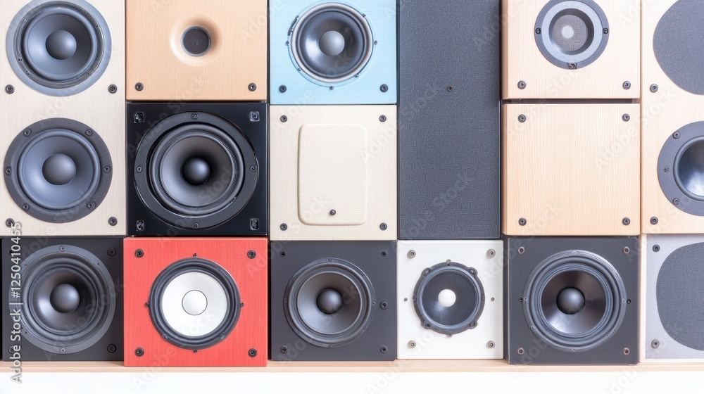 A wall display of various speaker designs arranged in a grid pattern. A wall display of various speaker designs arranged in a grid pattern.