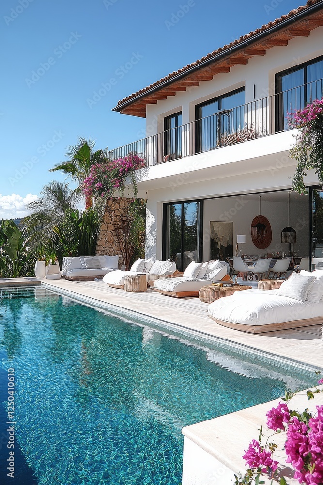 Fototapeta premium Beautiful outdoor pool with white furniture, plants, and flowers beside the swimming pool, set under a blue sky on a sunny day in front of a modern house in France.