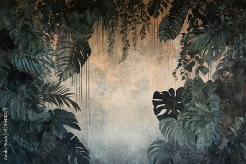Dark green tropical leaves frame a textured beige background, creating a lush, moody aesthetic.