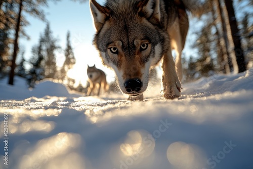 Two wolves trek through the snowy landscape, their powerful presence and keen focus creating a dramatic display of nature’s wild beauty in a sunlit environment. photo