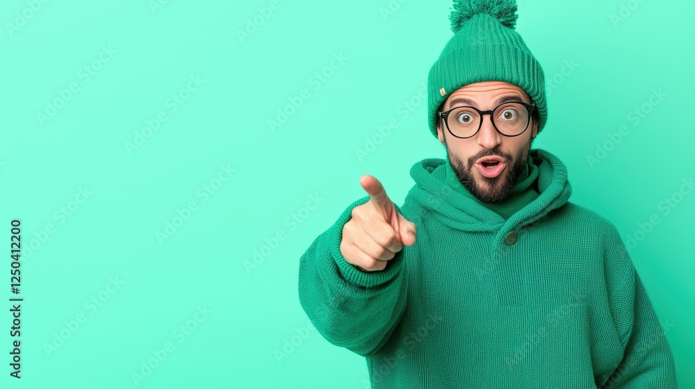 Fototapeta premium Surprised Young Man in Green Sweater Pointing with Excitement