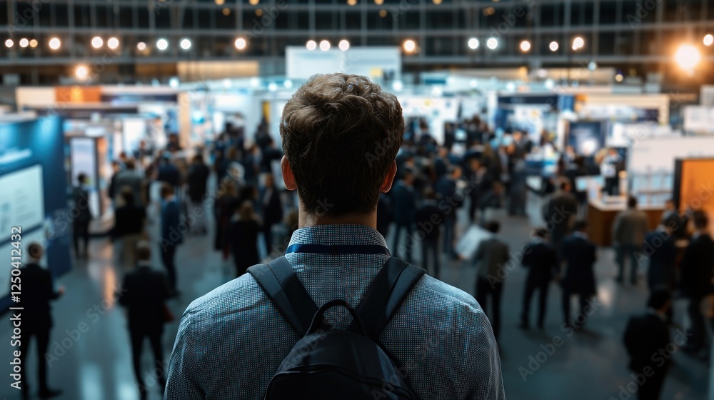 Attendee Observing a Busy Business Expo with Networking Opportunities and Exhibits Attendee Observing a Busy Business Expo with Networking Opportunities and Exhibits
