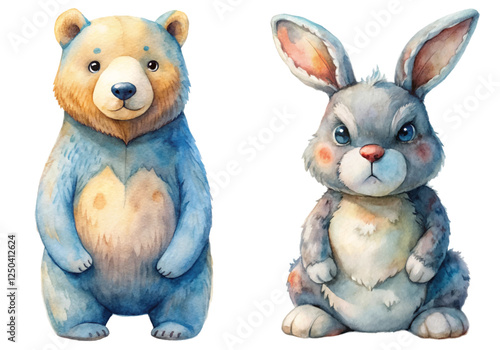 Cute watercolor animals, bear and rabbit, playful illustration, children's book art, vibrant colors, friendly characters.