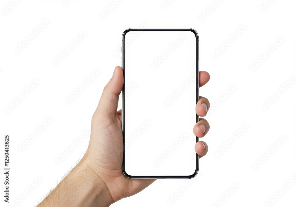 Hand holding smartphone, white background, blank screen, modern device, closeup, high detail, clean aesthetic, minimalist composition, product Hand holding smartphone, white background, blank screen, modern device, closeup, high detail, clean aesthetic, minimalist composition, product