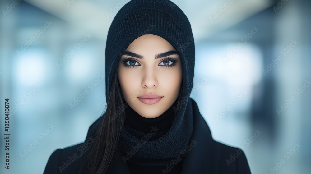 Captivating Portrait of a Woman in a Stylish Black Headscarf Captivating Portrait of a Woman in a Stylish Black Headscarf