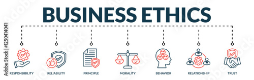 Banner of business ethics web vector illustration concept with lineal icons of responsibility, reliability, principle, morality, behavior, relationship, trust