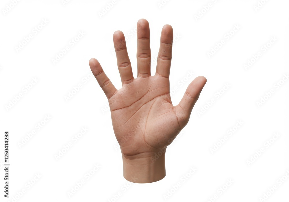 Human hand, palm facing forward, five fingers extended, realistic skin texture, studio lighting, white background, high Human hand, palm facing forward, five fingers extended, realistic skin texture, studio lighting, white background, high