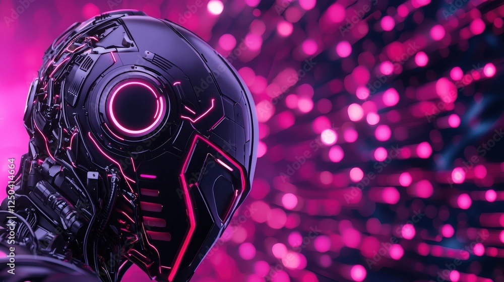 Fototapeta premium Futuristic Robot Head Surrounded by Vibrant Neon Lights and Patterns