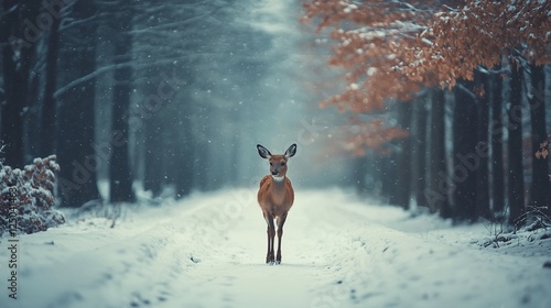 Fawn in snowy forest path; tranquil scene; winter wildlife; nature photography; possible use desktop background photo