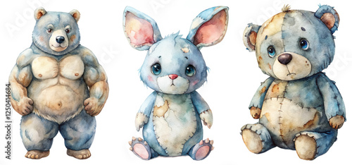 Cute watercolor animals, bear and bunny, plush toy style, whimsical design, children's illustration, friendly characters.