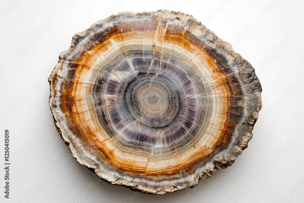 A mesmerizing cross-section of petrified wood showcasing vibrant concentric rings of brown, purple, and beige. A mesmerizing cross-section of petrified wood showcasing vibrant concentric rings of brown, purple, and beige.