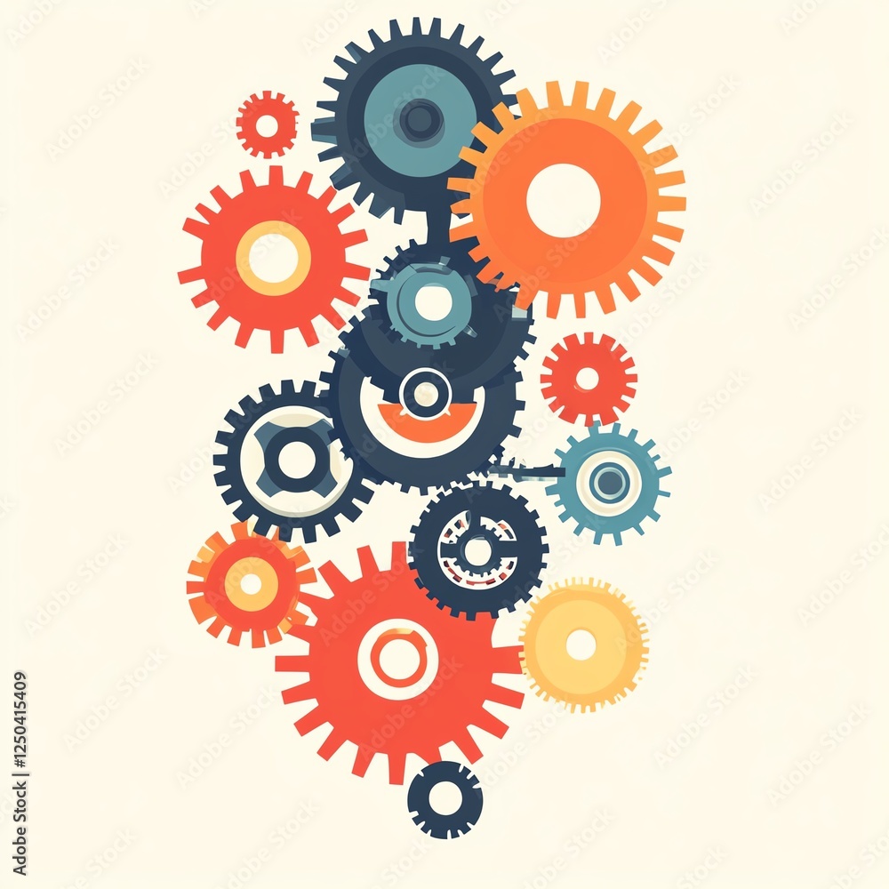 Colorful gears and cogs creating an intricate mechanical design on a light background. Colorful gears and cogs creating an intricate mechanical design on a light background.