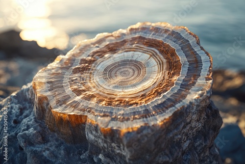 A mesmerizing geological formation, showcasing concentric layers of stone in warm, earthy tones, bathed in golden sunlight. photo