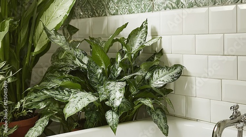 Plants in a bathroom with white subway tiles photo