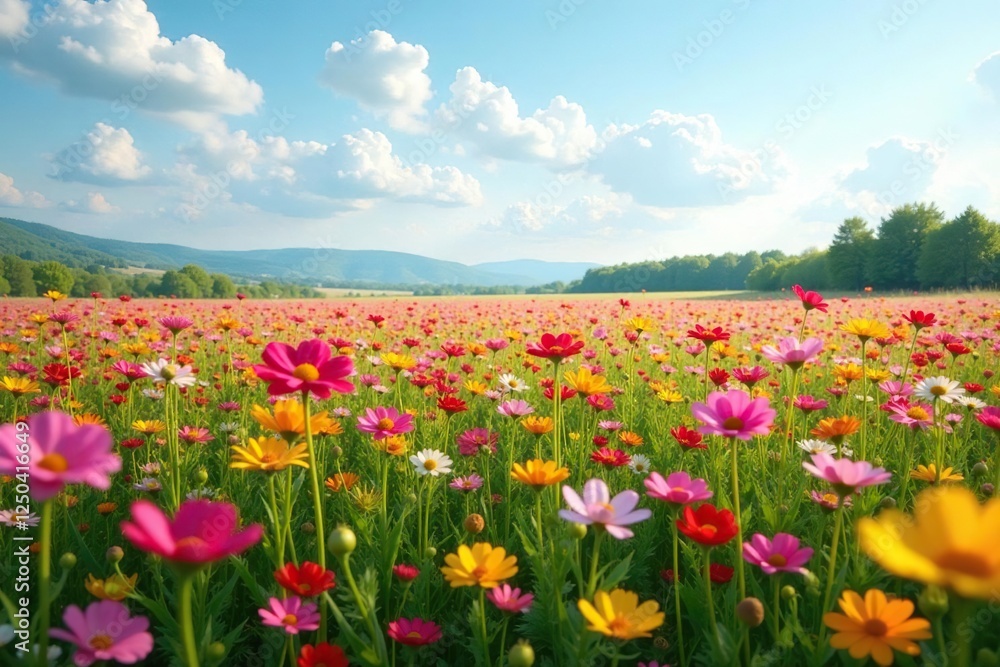 A field of blooming wildflowers stretching to the horizon, blooming flowers, wildflowers A field of blooming wildflowers stretching to the horizon, blooming flowers, wildflowers