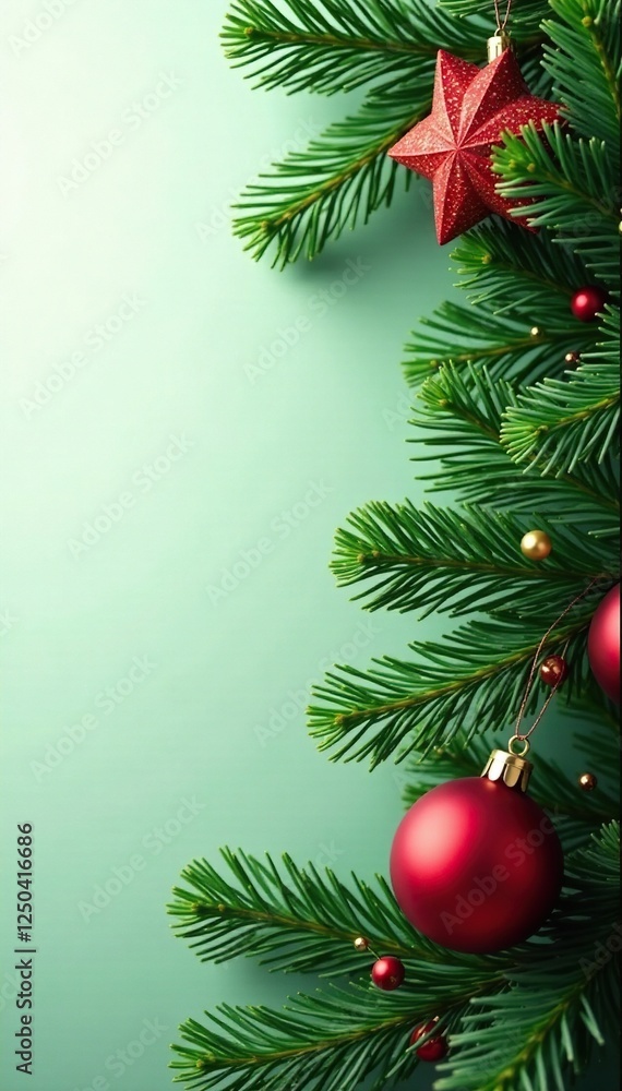 Abstract background with red Christmas tree branches and evergreen foliage, Abstract Background, Green, Seasonal Abstract background with red Christmas tree branches and evergreen foliage, Abstract Background, Green, Seasonal