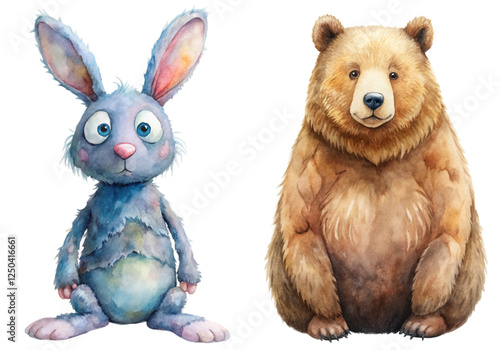 Cute watercolor animals, playful rabbit illustration, friendly bear design, children's book art, whimsical character style.