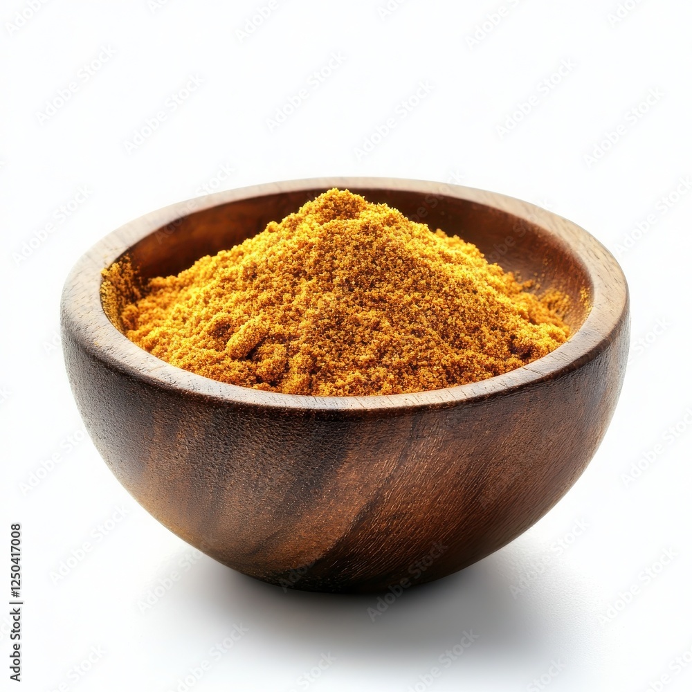 Close up view of a wooden bowl filled with vibrant golden turmeric powder a popular spice used white background Close up view of a wooden bowl filled with vibrant golden turmeric powder a popular spice used white background