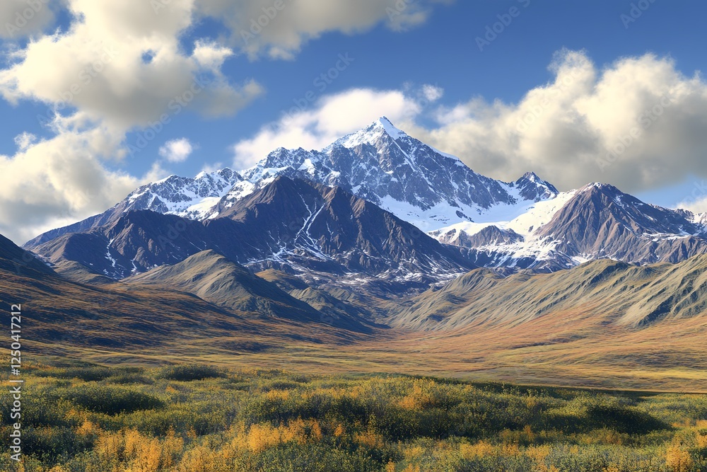 Majestic Alaskan peak, autumn tundra, cloudy sky, travel poster Majestic Alaskan peak, autumn tundra, cloudy sky, travel poster