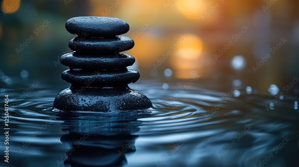Obraz premium A serene scene featuring a stack of smooth black stones balanced atop one another,
