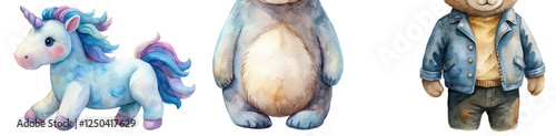 Cute watercolor animals, colorful unicorn, plush bear, stylish teddy outfit, playful children's art, whimsical design.