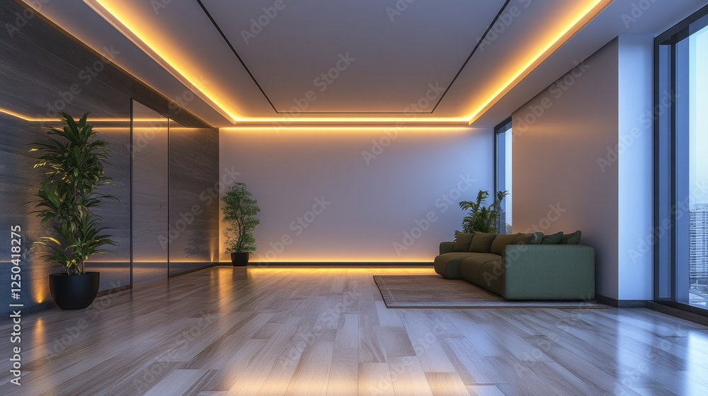 Modern Minimalist Living Room with Ambient Lighting and Green Plants Modern Minimalist Living Room with Ambient Lighting and Green Plants