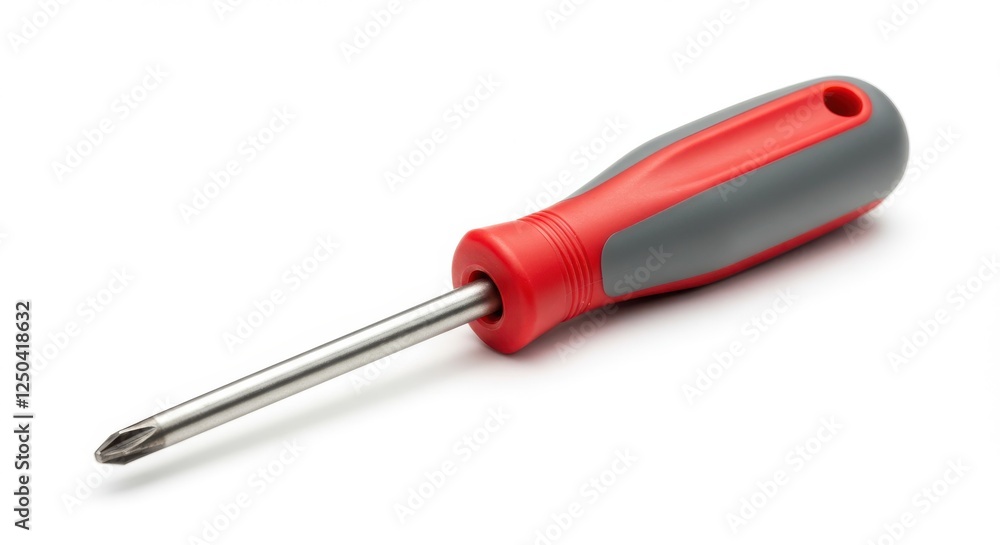 Photorealistic screwdriver, red and gray handle, flat head tip, precision tool, product photography, white background, clean lines, detailed texture, professional Photorealistic screwdriver, red and gray handle, flat head tip, precision tool, product photography, white background, clean lines, detailed texture, professional