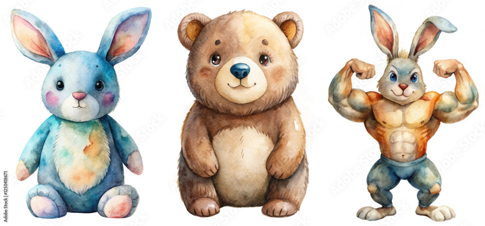 Fototapeta premium Cute watercolor animals, playful bunny, friendly bear, muscular rabbit, vibrant colors, children's illustration, whimsical style.