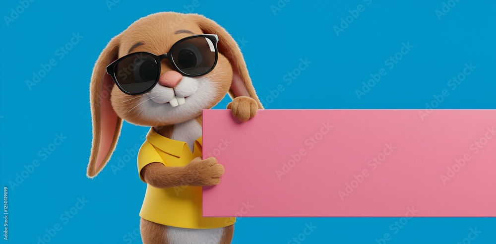 Fototapeta premium A 3D Easter bunny holding a flat pink banner in his paws with space for text, concept marketing, and ads banner for easter