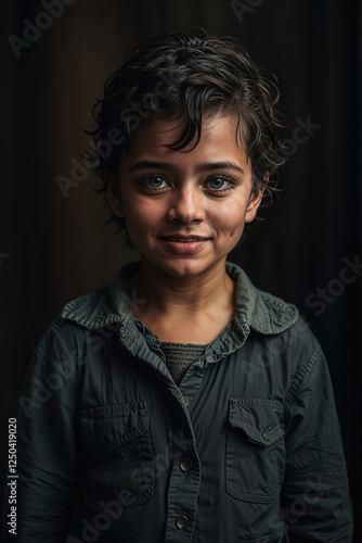 Realistic Portrait of a Smiling Poor Toddler with Beautiful Black Eyes, Short Neatly Styled Hair, Wearing Ragged Clothing, Capturing Innocence and Strength, Generative AI Art