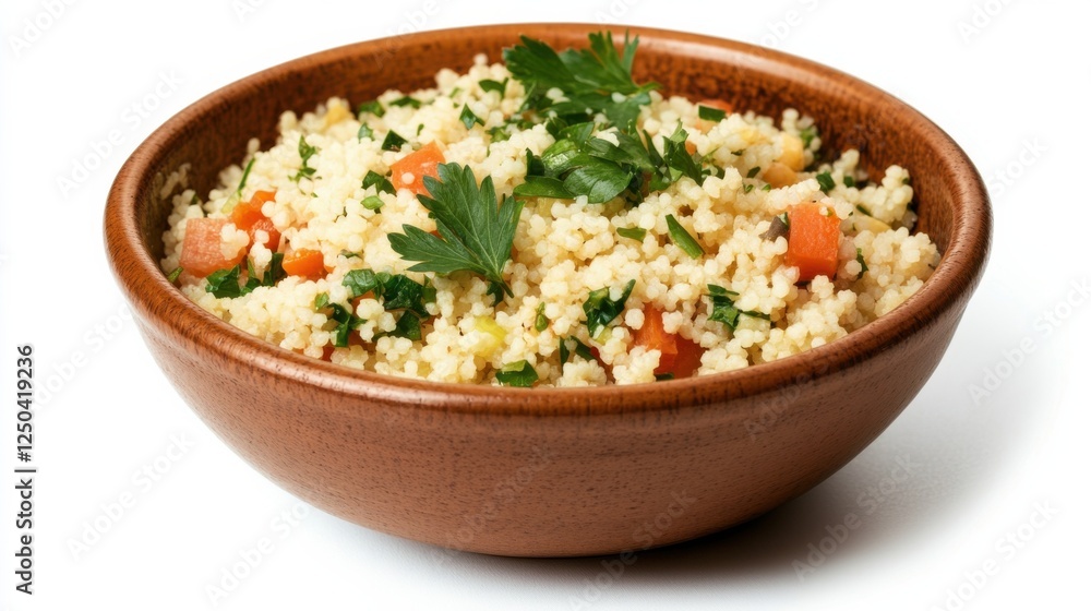 Delicious couscous salad with vegetables and herbs in wooden bowl Delicious couscous salad with vegetables and herbs in wooden bowl