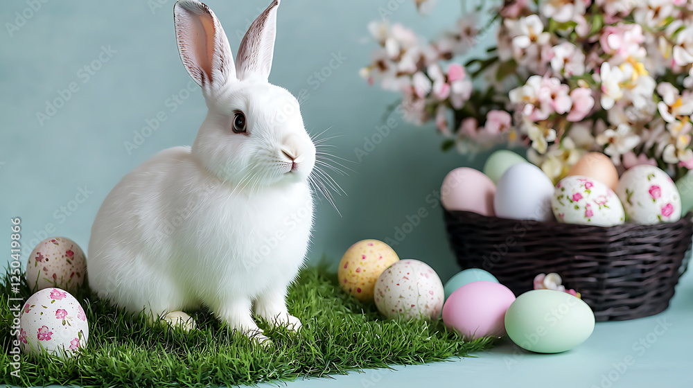 A white rabbit is sitting on a green grassy area next to a basket of Easter eggs. generated using AI A white rabbit is sitting on a green grassy area next to a basket of Easter eggs. generated using AI