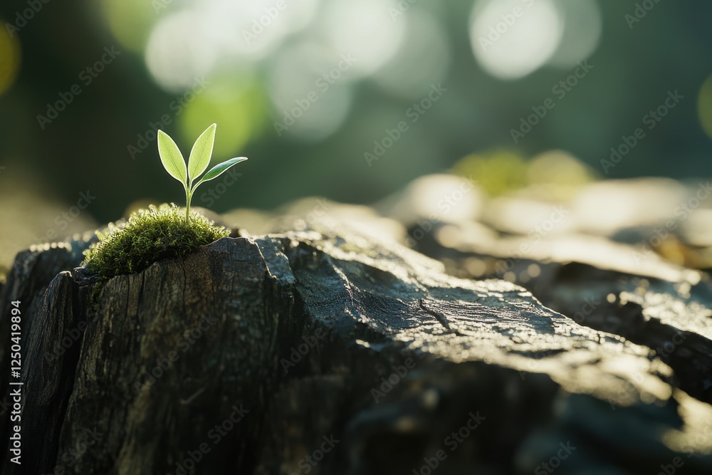 Tiny sprout on rock, nature's rebirth, sunlight, bokeh Tiny sprout on rock, nature's rebirth, sunlight, bokeh