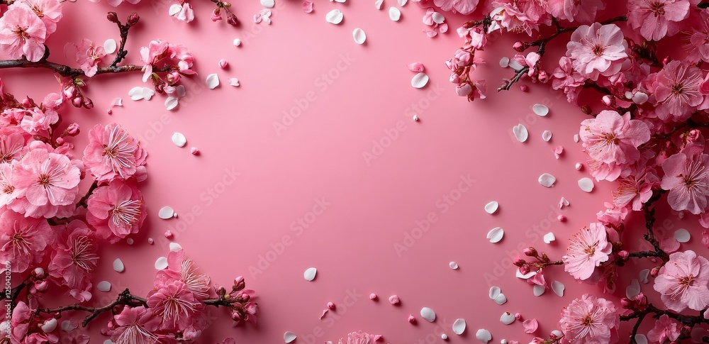 Fototapeta premium Delicate pink background with flowers on the left side and scattered white petals, featuring ample copy space on the right, perfect for a web banner.