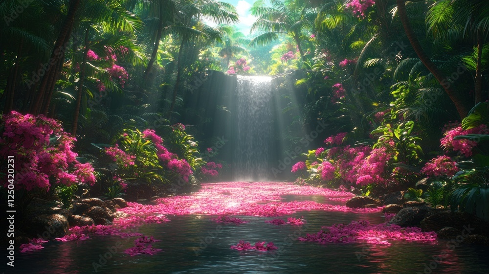 Obraz premium Enchanted tropical waterfall cascading through pink flowers paradise